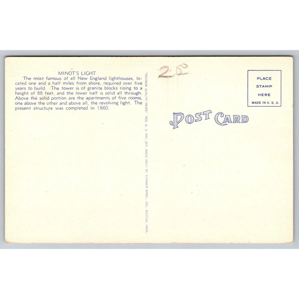 Vintage Linen Postcard Minot's Light Lighthouse Massachusetts Bay Tichnor 64465